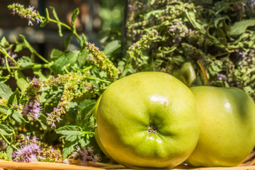 Composition with apples and mint in the garden