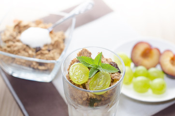 Detail of glass with cereals and mint 