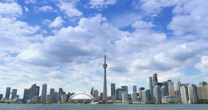 4K Toronto Skyline from Lake Ontario and CN Tower Wide Shot