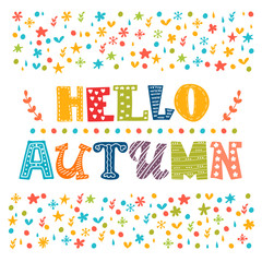 Hello Autumn card. Autumn landscape background