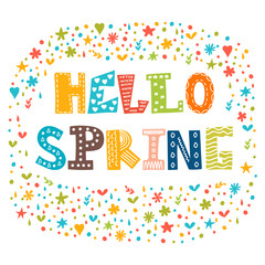 Hello spring card with decorative design elements. Cute greeting