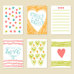 Romantic hand drawn card set. Collection of brochures, posters,