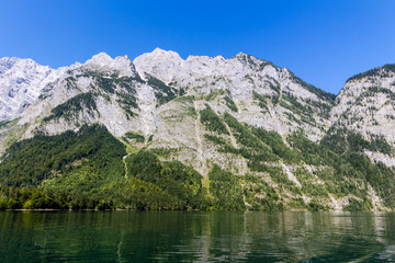 Fototapeta na wymiar Alpine mountain lake Obersee in Summer, Konigsee National Park, Bayern, Germany 