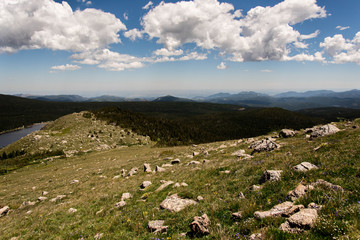 mountain landscape scenery with blue sky above timberline