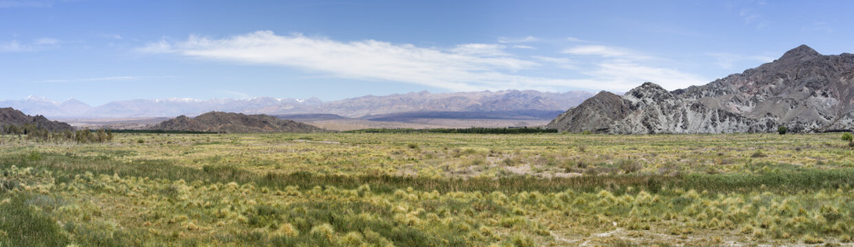Panorama of mountains, arid wild landscape and blue sky on the famous Ruta 40 (Route 40), within Calchaqui Valleys in Salta Province. Argentina