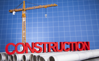 Construction site, crane and Blueprints 