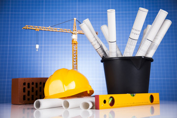 Crane, Safety helmet, Blueprints and construction site