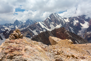 Mountain Landscape of Fan Valley in Tajikistan View of Orange Rocks on Foreground and High Peaks with Snow and Ice Glaciers on Background