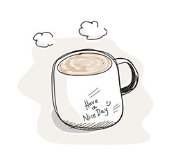 Have A Nice Day!, a hand drawn vector illustration of a mug of delicious creamed coffee with the words 