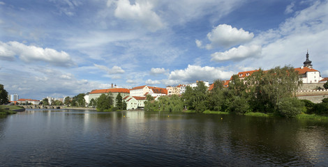 Fototapeta na wymiar Panoramic View on medieval Town Pisek above the river Otava, Czech Republic