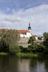 Fototapeta premium Colorful medieval Town Pisek above the river Otava, Czech Republic