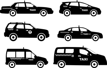 Set of different silhouettes taxi cars. Vector illustration - obrazy, fototapety, plakaty