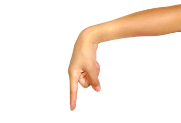 Woman's finger pointing or touching isolated on a white