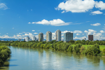 Fototapeta na wymiar River Sava and Zagreb modern skyline, summer midday