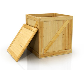 Open wooden box on a white background