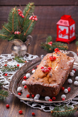 Fototapeta na wymiar Christmas fruitcake with raisins and saffron.selective focus