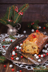 Christmas fruitcake with raisins and saffron.selective focus