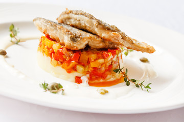 fried carp with mashed potatoes