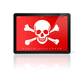digital tablet PC with a pirate symbol on screen. Hacking concep