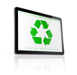 Digital tablet PC with a recycle symbol on screen. environmental