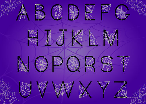 Set of letters with spider web. Halloween alphabet. Vector font