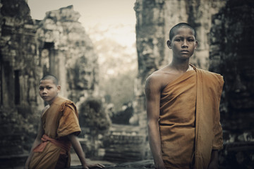 Contemplating Monk Cambodia Angkor Wat Siam Reap Concept