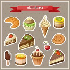 Set of stickers with sweets, cakes, ice cream and cupcakes