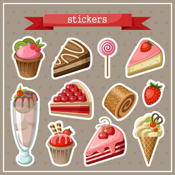 Set of stickers with sweets, cakes, ice cream and cupcakes.