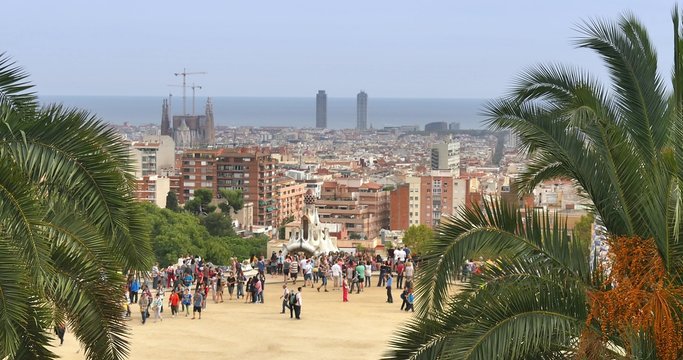 Tourists Visit Barcelona Park Guell