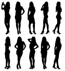Vector set of various fashion model female silhouettes in different poses 