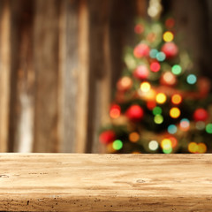 wooden desk top and xmas tree 