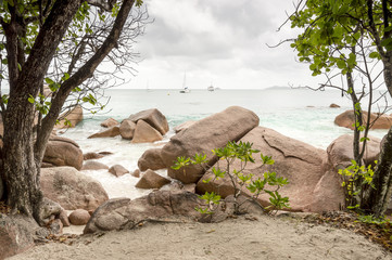 Anse Lazio beach, Praslin Island, Seychelles. Grey day.