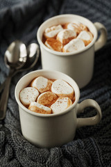 White cup of fresh hot cocoa or hot chocolate with marshmallows on knitted background
