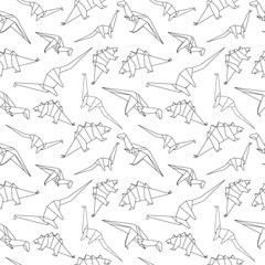 Black and white origami dinosaur vector seamless pattern.