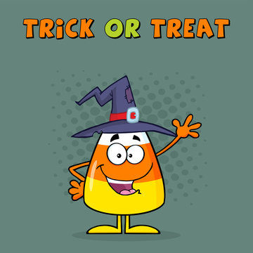 Candy Corn Cartoon Character With A Witch Hat Waving. Greeting Card