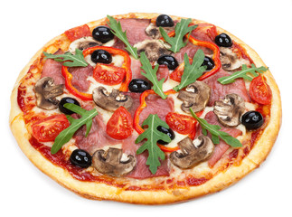 Tasty, flavorful pizza isolated on white
