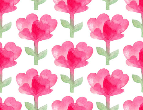 Seamless Pattern With Watercolor Pink Heart-shaped Flowers.