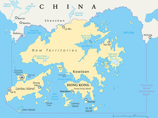 Fototapeta premium Mapa polityczna Hongkongu i okolic. Światowe Centrum Finansowe i Specjalny Region Administracyjny w prowincji Guangdong w Chinach. Angielskie etykietowanie i skalowanie. Ilustracja.