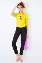 Fashion hipster girl in yellow shirt in sunglasses with - 90820289