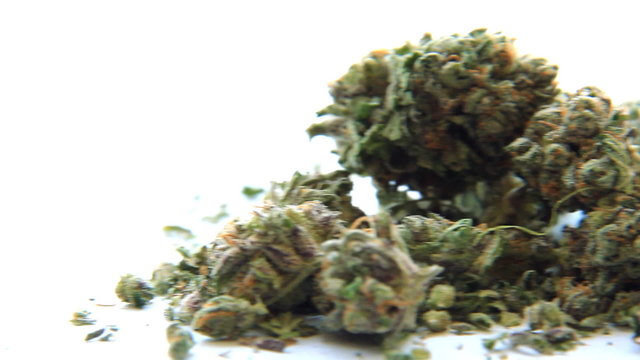 Medical Marijuana 6. Medical marijuana set against white, panning left to right with prescription bottle. (Bottle label is original, no copyright or trademark issue)