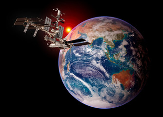 Earth planet satellite international space station spaceship orbit iss. Elements of this image furnished by NASA.