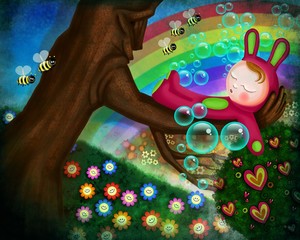 A digitally painted cute cartoon illustration of a rural scene with a tree in the foreground holding a sleeping baby in it's branches.