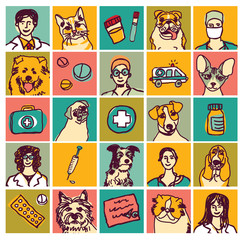 Veterinary doctors pets icons and objects set