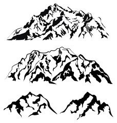 Set of vector silhouettes of the mountains isolated on white.