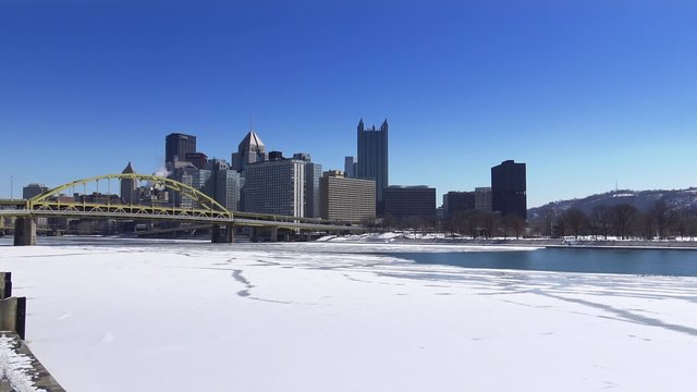 Winter Pittsburgh City Establishing Shot Pan Left