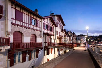 Traditional labourdine houses of Saint de Luz at night, Basque Country, France