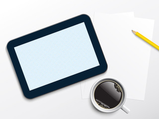 BLANK TABLET Icon with Coffee Cup, Pencil and Paper