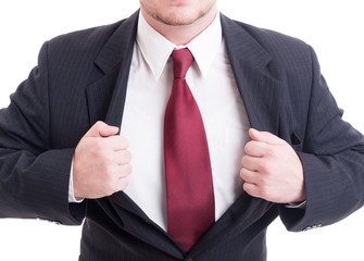 Super hero businessman concept with open suit jacket