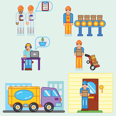 Color flat illustrations info graphic factory production process and delivery