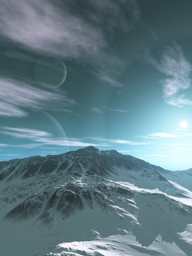Science fiction illustration of snow covered mountains on an alien planet with two moons in the sky, 3d digitally rendered illustration